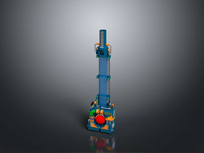 Blue Mechanical Toy Model Tower Featuring Red Circular Component And Green Yellow Details 3d model
