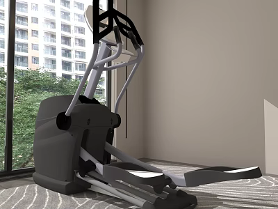 Spacious Study Room With Elliptical Trainer Striped Carpet Light Walls And City View 3d model