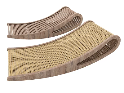 Modern Curved Wooden Stools With Natural Woven Seats Minimalist Design Set Of Two Smooth Finish 3d model