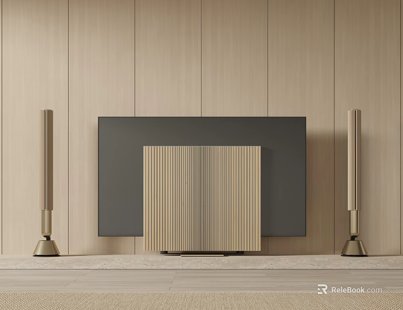 Modern Interior Featuring TV On Wooden Wall With Striped Panel And Side Columns 3d model 