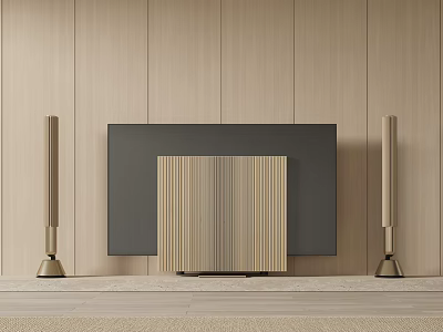 Modern Interior Featuring TV On Wooden Wall With Striped Panel And Side Columns 3d model