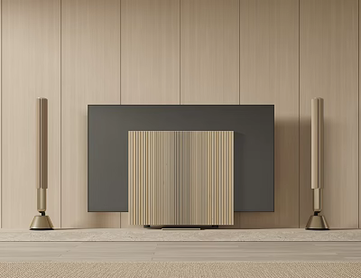 Modern Interior Featuring TV On Wooden Wall With Striped Panel And Side Columns 3d model