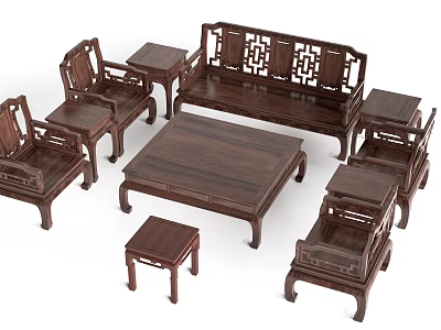 Traditional Chinese Solid Wood Table And Chair Set For Living Room With Carved Design 3d model