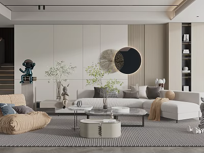 Modern Living and Dining Room Interior With Sofa Coffee Tables Round Decor Plants Striped Rug 3d model