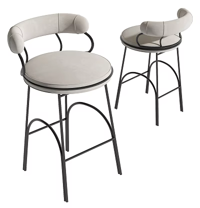 Modern Bar Stools with Black Metal Frame and Light Beige Upholstered Curved Backrest 3d model
