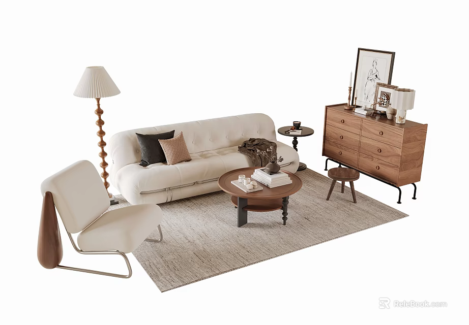 Modern Sofa and Coffee Table Set with Accent Chair Floor Lamp and Wooden Dresser Decorations 3d model 