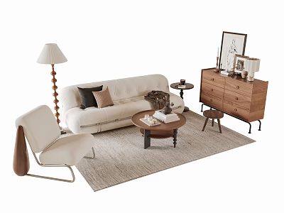 Modern Sofa and Coffee Table Set with Accent Chair Floor Lamp and Wooden Dresser Decorations 3d model