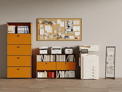 Orange Storage Cabinets With Drawers Bookshelves Printer Corkboard With Papers And Metal Display Rack 3d model
