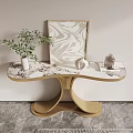 Golden Console Table with Artwork Vase with Plants and Decorative Jar Against Light Colored Wall