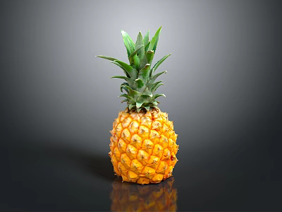 Fresh Ripe Pineapple With Green Leafy Top And Yellow Textured Skin On Black Reflective Surface 3d model