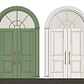 Green And White Double Doors With Arched Top Metal Handles On Light Wall Wooden Floor