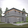 Modern Detached Villa With Gray Stone Exterior Large Windows Balcony And Garden Patio