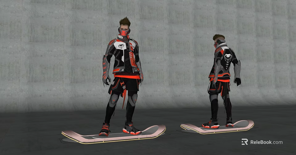Futuristic Man in Red Black Outfit Standing on Hoverboard Against Gray Wall Background 3d model 