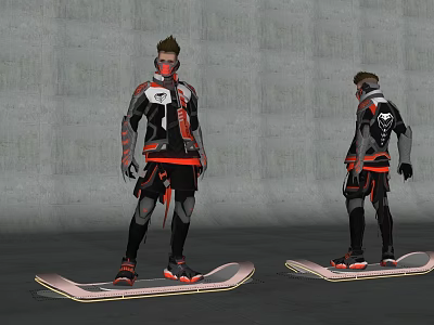 Futuristic Man in Red Black Outfit Standing on Hoverboard Against Gray Wall Background 3d model