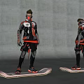 Futuristic Man in Red Black Outfit Standing on Hoverboard Against Gray Wall Background
