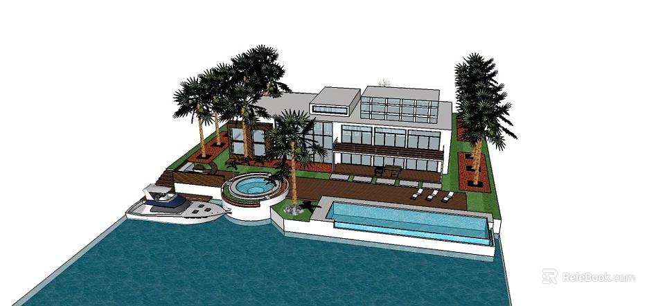 Modern Detached Villa With Palm Trees Swimming Pool Large Glass Windows And Waterfront Terrace 3d model 