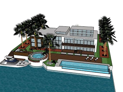 Modern Detached Villa With Palm Trees Swimming Pool Large Glass Windows And Waterfront Terrace 3d model