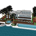 Modern Detached Villa With Palm Trees Swimming Pool Large Glass Windows And Waterfront Terrace
