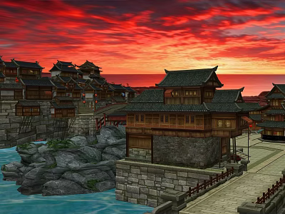 Ancient Architecture with Traditional Wooden Structures and Stone Walls by Waterfront at Sunset Red Sky 3d model