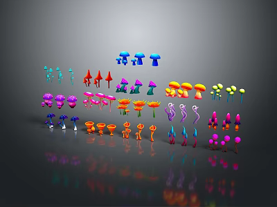 Colorful 3D Rendered Plants And Mushrooms With Various Shapes And Reflections On Black Background 3d model