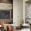 Modern Showroom Interior With Wooden Cabinets Marble Walls Display Tables And TV Screen