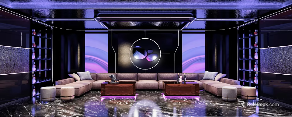 KTV Interior With Modern Design Purple Black Lighting Sofas Coffee Tables And Decorative Backdrop 3d model