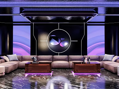KTV Interior With Modern Design Purple Black Lighting Sofas Coffee Tables And Decorative Backdrop 3d model