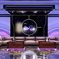 KTV Interior With Modern Design Purple Black Lighting Sofas Coffee Tables And Decorative Backdrop 3d model