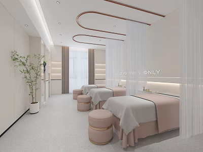 Modern Elegant Beauty Salon Interior With Treatment Beds Pink Stools White Curtains And Plant 3d model