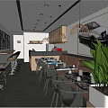 Modern Restaurant Interior With Tables Chairs Green Plants And Black White Decorative Paintings
