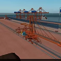 Spacious Industrial Plant Area With Red Cranes Blue Sky Water View And Rail Tracks