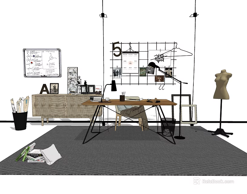 Modern Home Office Desk Setup With Grid Shelf Lamp Notebooks And Chair 3d model 