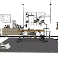 Modern Home Office Desk Setup With Grid Shelf Lamp Notebooks And Chair
