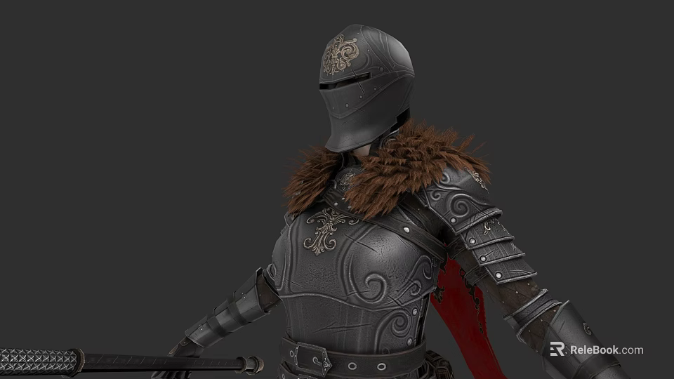 Armored Fantasy Warrior With Dragon Emblem Helmet And Fur Collar Holding Sword 3d model 