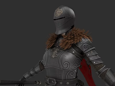 Armored Fantasy Warrior With Dragon Emblem Helmet And Fur Collar Holding Sword 3d model