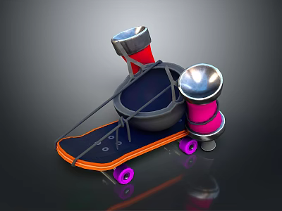 Creative Skateboard Device With Pot Red Pink Speakers Purple Wheels And Orange Edge 3d model