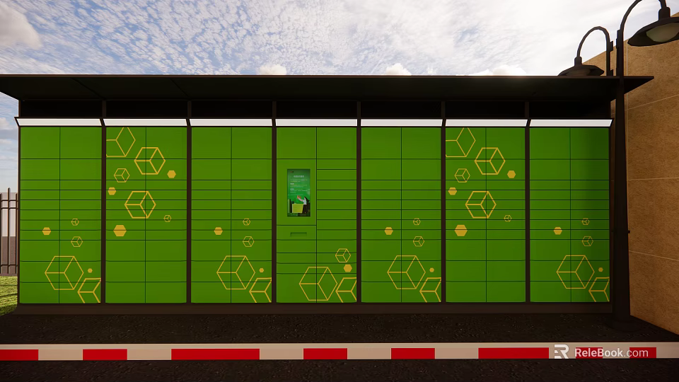 Public Bus Shelter With Green Wall Featuring Yellow Hexagon Patterns And Information Poster 3d model 