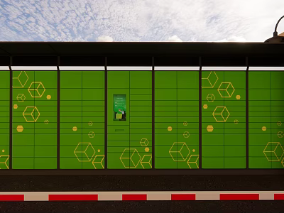 Public Bus Shelter With Green Wall Featuring Yellow Hexagon Patterns And Information Poster 3d model