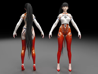 Woman in White Top and Red Leg Outfit Front and Back View with Long Hair 3d model