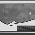 Gray Brick Background Wall With Mountain Curved Decorations Top Moon Flying Birds Black Grille Below