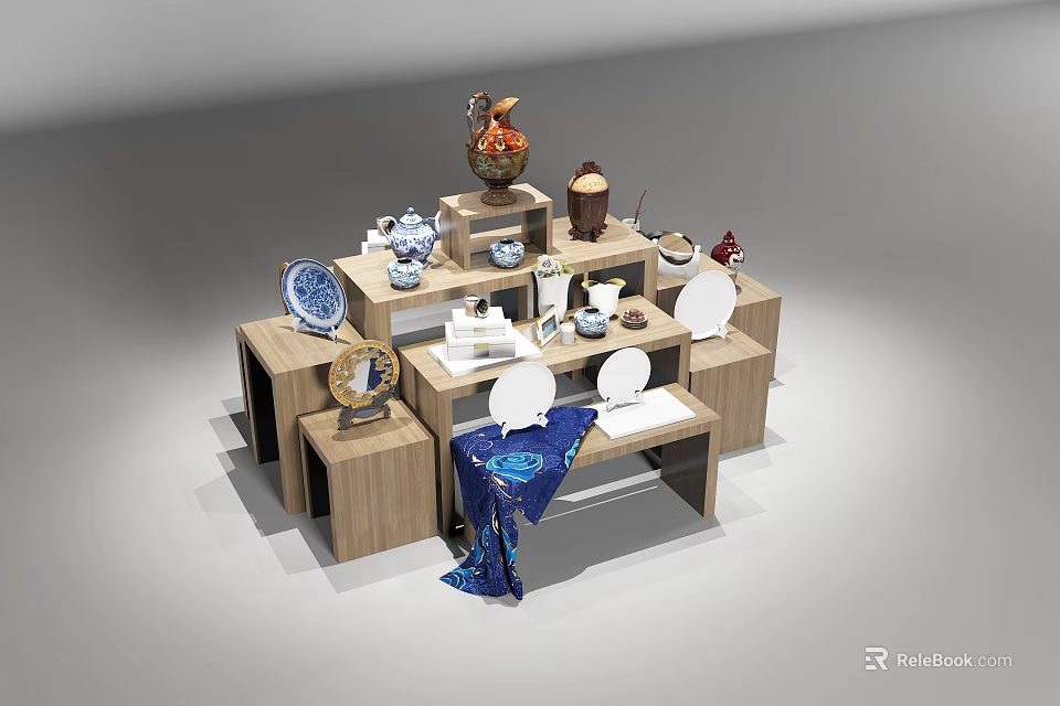 Elegant Wooden Display Shelves Showcasing Vases Porcelain Plates And Decorative Pieces 3d model 