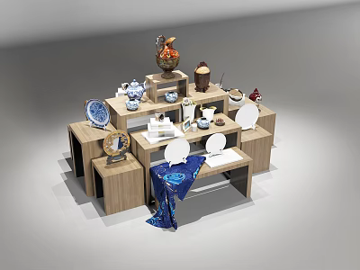 Elegant Wooden Display Shelves Showcasing Vases Porcelain Plates And Decorative Pieces 3d model