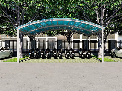 Blue Canopy Covering Parked Motorcycles With Trees And Cars Around 3d model