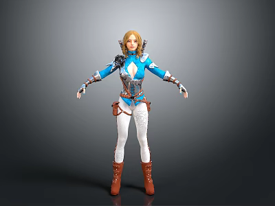 Woman With Elf Ears In Blue Outfit White Pants And Brown Boots 3d model