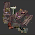 Rustic Outdoor Picnic Area With Wooden Table Chair Bird Bath Flower Pots And Bird Houses
