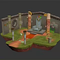 Cartoon Ancient Temple Scene With Throne Colorful Pillars Red Rug And Green Grass Platform
