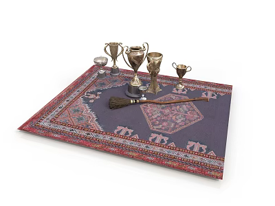 Patterned Blue Rug Displaying Multiple Gold Silver Trophies And Decorative Red Pink Edges 3d model