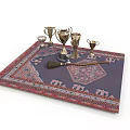 Patterned Blue Rug Displaying Multiple Gold Silver Trophies And Decorative Red Pink Edges
