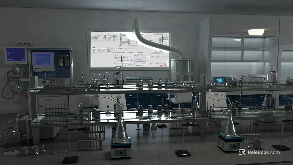 Modern Laboratory With Organized Lab Benches Beakers Flasks Fume Hood And Large Screen Displaying Data 3d model 