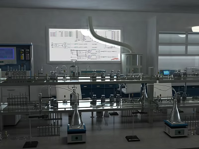 Modern Laboratory With Organized Lab Benches Beakers Flasks Fume Hood And Large Screen Displaying Data 3d model
